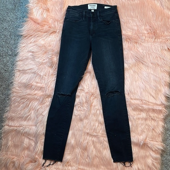 Frame Le High Skinny Super Dark‎ Wash Distressed Stretch Jeans Size 25 - Picture 2 of 8